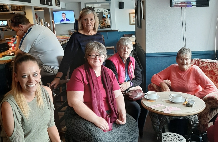 Therese with locals at the Falcon Inn