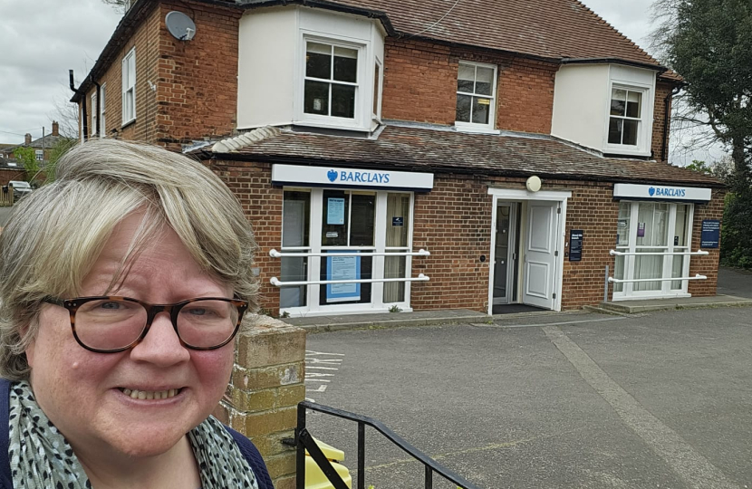 Therese outside Barclays in Leiston